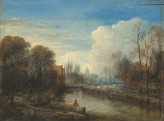 Aert van der Neer - A river landscape with an angler and sheep on the banks.webp