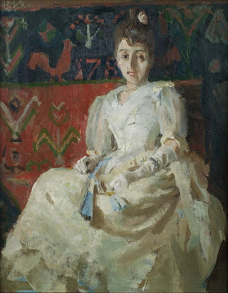 Akseli GallenKallela - Woman on a Rooster Ryijy Rug.webp