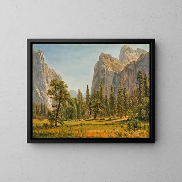 Spadające wodospady Bridalveil, dolina Yosemite, Kalifornia - Albert Bierstadt — oprawiony obraz na ścianie