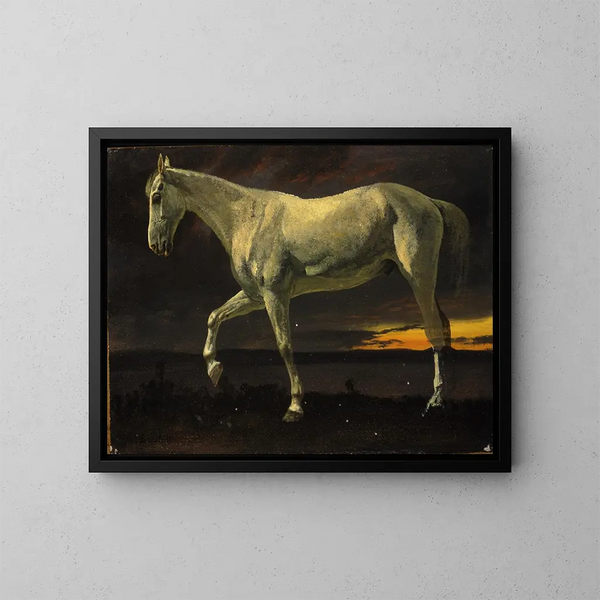 Biały koń i zachód słońca - Albert Bierstadt — oprawiony obraz na ścianie