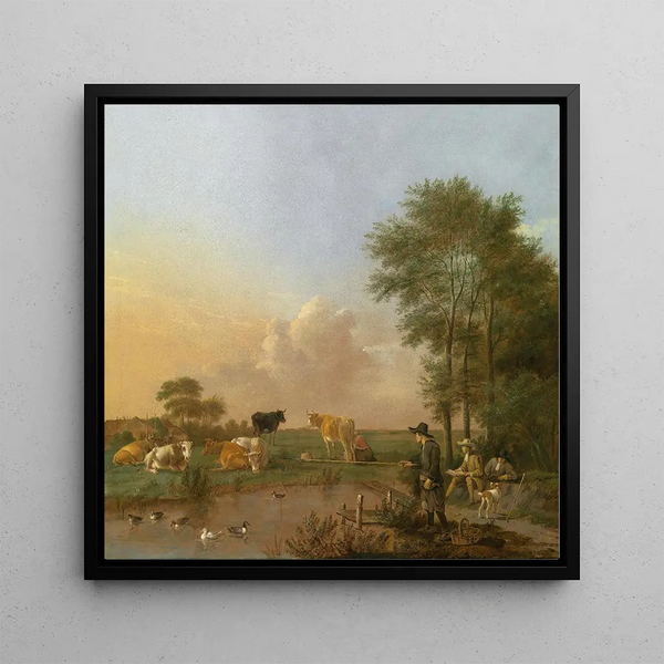Albert Jansz Klomp - A Pond Landscape With A Draughtsman A Fisherman And Grazing Cattle.webp
