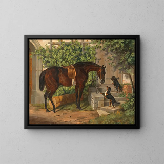 Albrecht Adam - A Saddled Bay Horse and Curious Dachshunds.webp