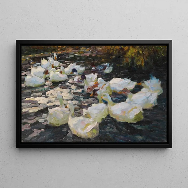 Kaczki o zachodzie słońca - Alexander Koester — oprawiony obraz na ścianie