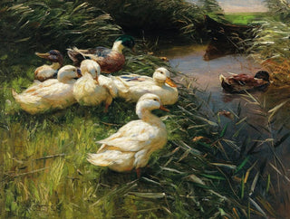 Kaczki nad brzegiem jeziora z łodzią - Alexander Koester — widok dzieła
