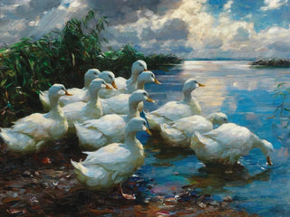 Kanarki nad brzegiem jeziora - Alexander Koester — widok dzieła