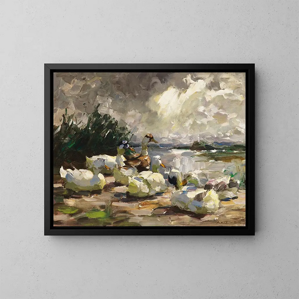 Kaczki nad brzegiem wody, nastrojowa chmurna atmosfera - Alexander Koester — oprawiony obraz na ścianie