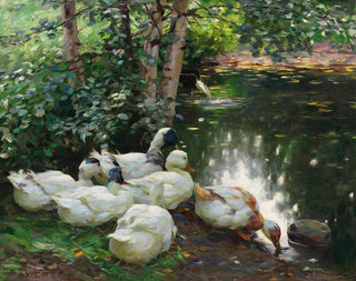 Sześć kaczek nad brzegiem stawu - Alexander Koester — widok dzieła