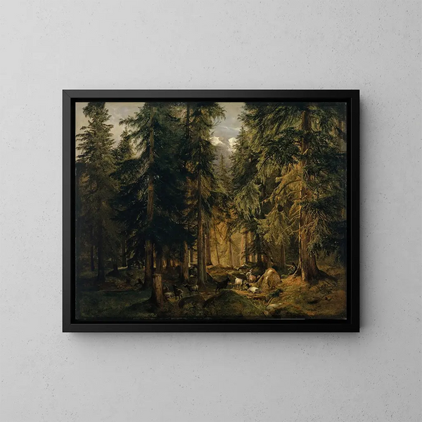 Las w wysokich górach z stadem koz - Alexandre Calame — oprawiony obraz na ścianie
