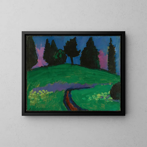 Ciemne drzewa na zielonym stoku - Alexej von Jawlensky — oprawiony obraz na ścianie