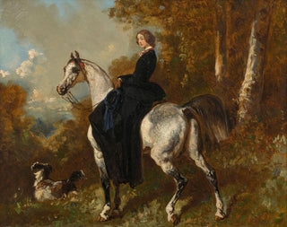 Alfred De Dreux - Amazone en noir sur un cheval gris pommel.webp