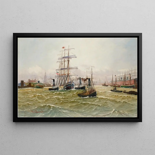 Alfred Jensen - A ThreeMaster and Sail Boats with the French Flag in the Hamburg Harbour.webp