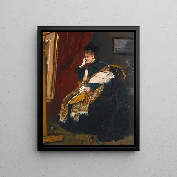 Kobieta w zieleni w pracowni - Alfred Stevens — oprawiony obraz na ścianie