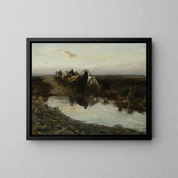 Chariots de paysans devant une flaque d'eau - Alfred von Wierusz-Kowalski — oprawiony obraz na ścianie