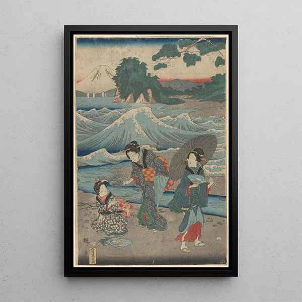 Trzy kobiety i fale - Andō Hiroshige — oprawiony obraz na ścianie