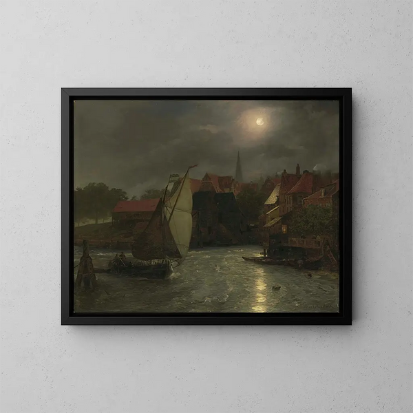 Łodzie na kanale przy księżycowym świetle - Andreas Achenbach — oprawiony obraz na ścianie