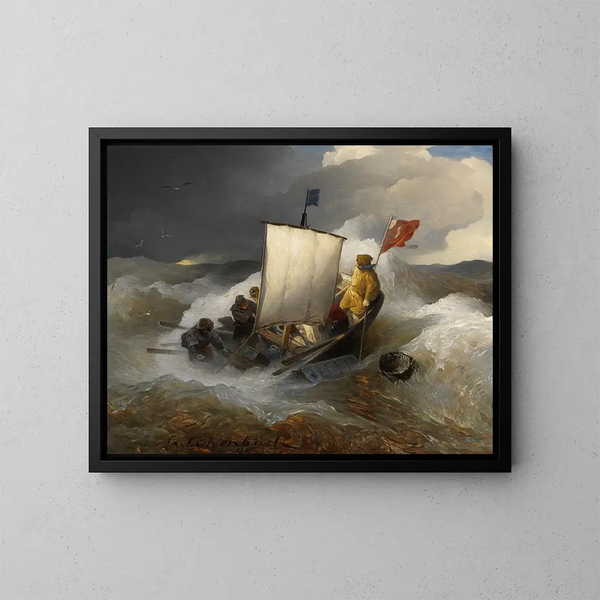 Łódź rybacka na wzburzonym morzu - Andreas Achenbach — oprawiony obraz na ścianie