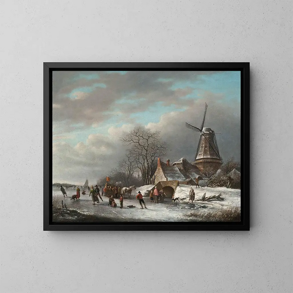 Patineurs sur une voie d'eau néerlandaise près d'un moulin à vent - Andreas Schelfhout — oprawiony obraz na ścianie