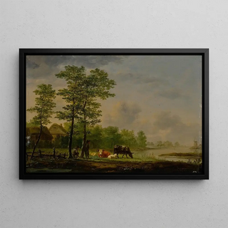 Andries Vermeulen - Landscape with farmers cattle and sheep before a river.webp