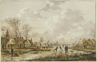 Andries Vermeulen - Winterlandschaft auf einem gefrorenem Fluss bei einem Stdtchen Schhlittschuhlufer.webp