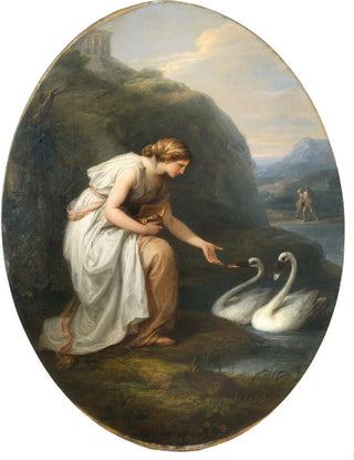 Angelica Kauffmann - Immortalia the nymph of immortality receiving nameplates from two swans.webp