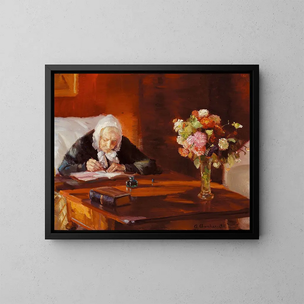 Ane Hedvig Brndum siedzącej przy biurku w czerwonym salonie - Anna Ancher — oprawiony obraz na ścianie