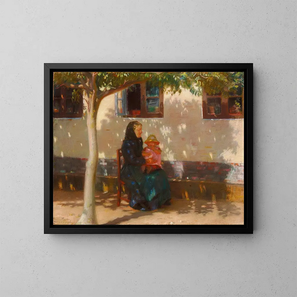Kobieta ze Skagen z małą Helgą Ancher na tle białego domu pod słońcem - Anna Ancher — oprawiony obraz na ścianie