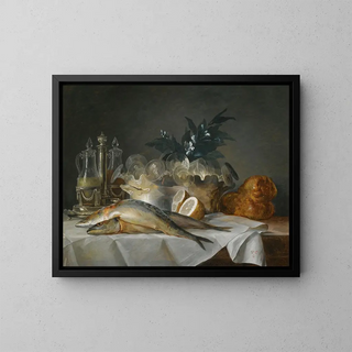 Anne VallayerCoster - A Still Life Of Mackerel Glassware A Loaf Of Bread And Lemons On A Table With A White Cloth.webp