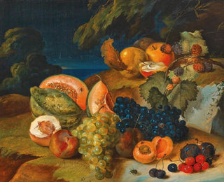 Antal Jozsef Strohmayer - Still life with melons grapes peach and cherries.webp