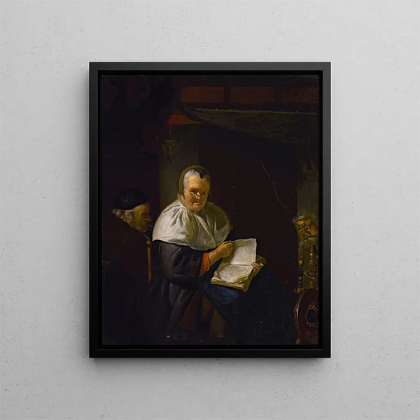 wnętrza z kobietą czytającą obok koła do przędzenia i mężczyzną palącym - Antoine van Dyck — oprawiony obraz na ścianie