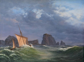 Anton Melbye - En shetlandsk fiskerbd i stormfuldt vejr nord for Orkneyerne.webp