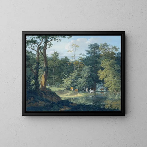 Abreuvoir pour le bétail dans la forêt, à gauche un chasseur - Anton Radl — oprawiony obraz na ścianie