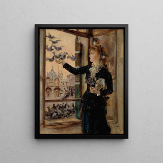 Anton Romako - Mdchen an einem Fenster zum Markusplatz Tauben ftternd.webp
