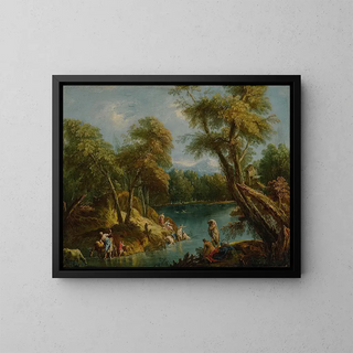 Antonio Diziani - A wooded landscape with figures and animals by a lake.webp