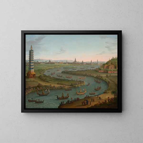 Un caprice avec l'ambassadeur de France s'approchant du palais du roi de Siam dans une barque d'État en octobre 1685 - Antonio Joli — oprawiony obraz na ścianie
