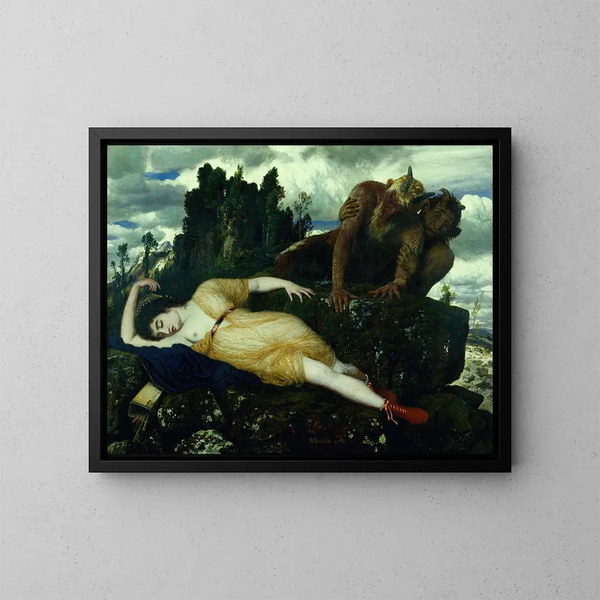 Diane śpiącej nadzorowanej przez dwóch faunów - Arnold Böcklin — oprawiony obraz na ścianie