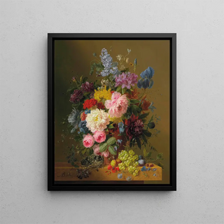 Arnoldus Bloemers - Peonies Tulips Roses Irises and other Flowers with Fruit and a Birds Nest on a Marble Ledge.webp
