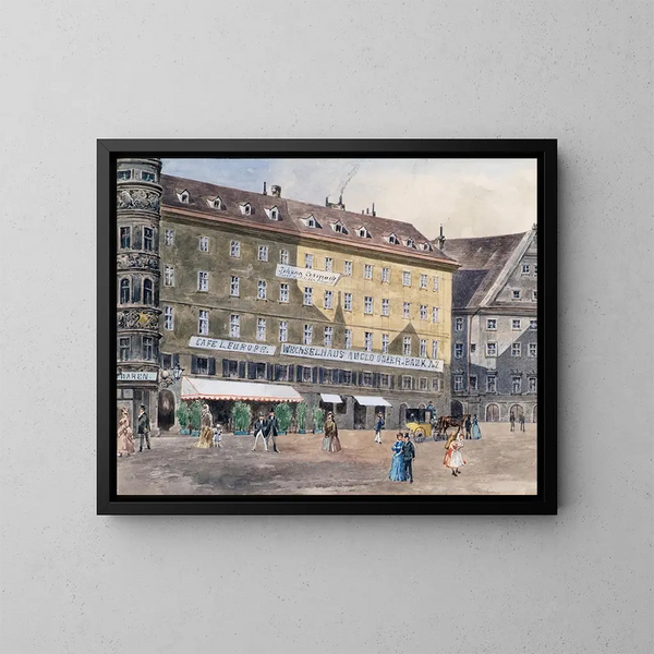 Starej sceny pożaru na placu Saint-Étienne w Wiedniu z kawiarnią L'Europe - August Gerasch — oprawiony obraz na ścianie