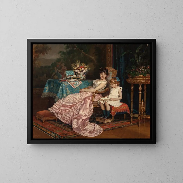 Matka i jej córka czytające - Auguste Toulmouche — oprawiony obraz na ścianie