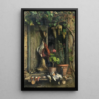 Aurelio Zingoni - Still Life with Birds a Hare Carnations and Geraniums in a Pot under a Vine.webp