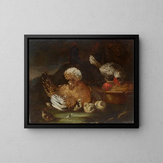 Baldassare De Caro - Two roosters a hen and six chicks at their feed dish in a landscape.webp