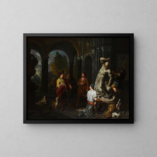 Balthasar Van Den Bossche - Elegant Figures Overseeing Sculptors Working On A Statue Of Hercules And Anateus In A Palace Courtyard.webp