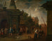 Teatr uliczny na podwórku w Antwerpii - Balthasar van den Bossche — widok dzieła