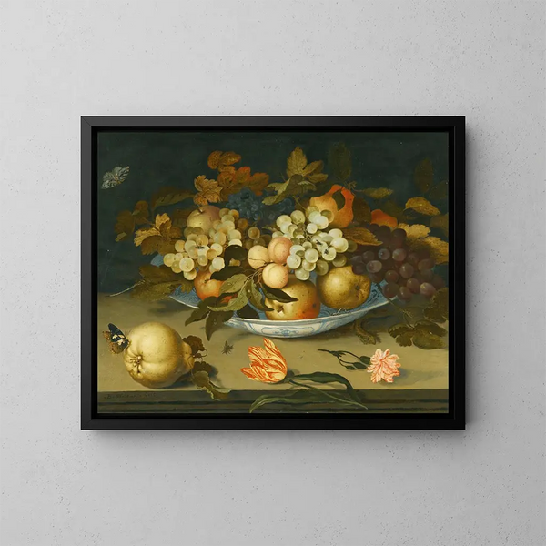 Martwa natura z miską Delft zawierającą owoce na parapecie z kwiatami, owadami i jaszczurką - Balthasar van der Ast — oprawiony obraz na ścianie