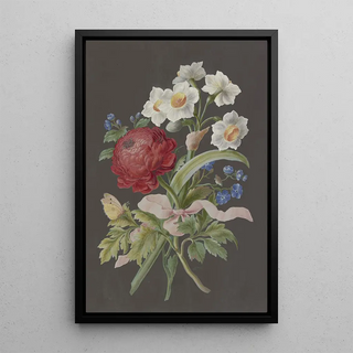 Barbara Regina Dietzsch - Blumengebinde mit roter Ranunkel Ranunculus weier Tazette Narcissus tazetta und blauer Blume mit Postillon.webp