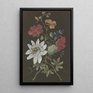 Barbara Regina Dietzsch - Gesteck aus Passionsblume Passiflora roter Kapuzinerkresse Tropaeplum und Vergimeinnicht Myosotis mit blauem Kfer.webp