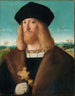 Portret brodatego mężczyzny w średnim wieku w płaszczu z futrzanym wykończeniem, trzymający sztylet. Krajobraz w tle - Bartolomeo Veneto — widok dzieła