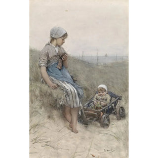 Bernardus Johannes Blommers - Vissersmeisje met kind in kinderwagen in de duinen.webp