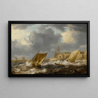 Bonaventura Peeters the Elder - Vessels And A Rowing Boat On Choppy Waters Near A Small Harbor Town With A Windmill Possibly Hoboken.webp