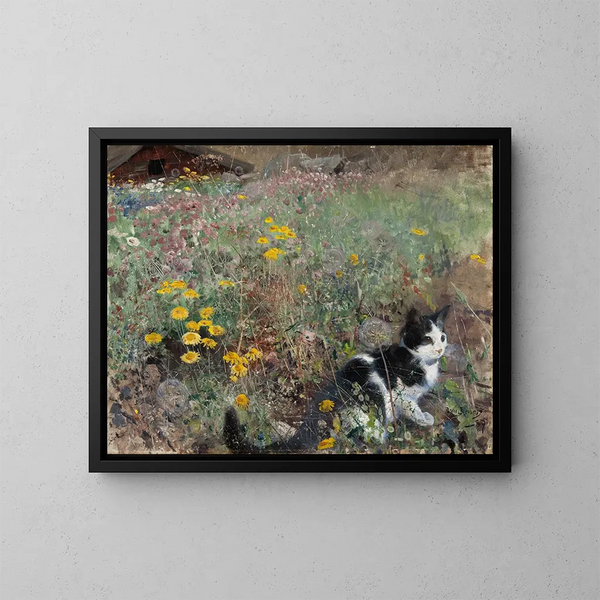 Chat dans un pré fleuri - Bruno Liljefors — oprawiony obraz na ścianie