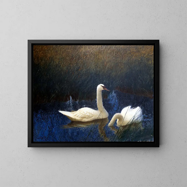 Cygnes dans les roseaux - Bruno Liljefors — oprawiony obraz na ścianie